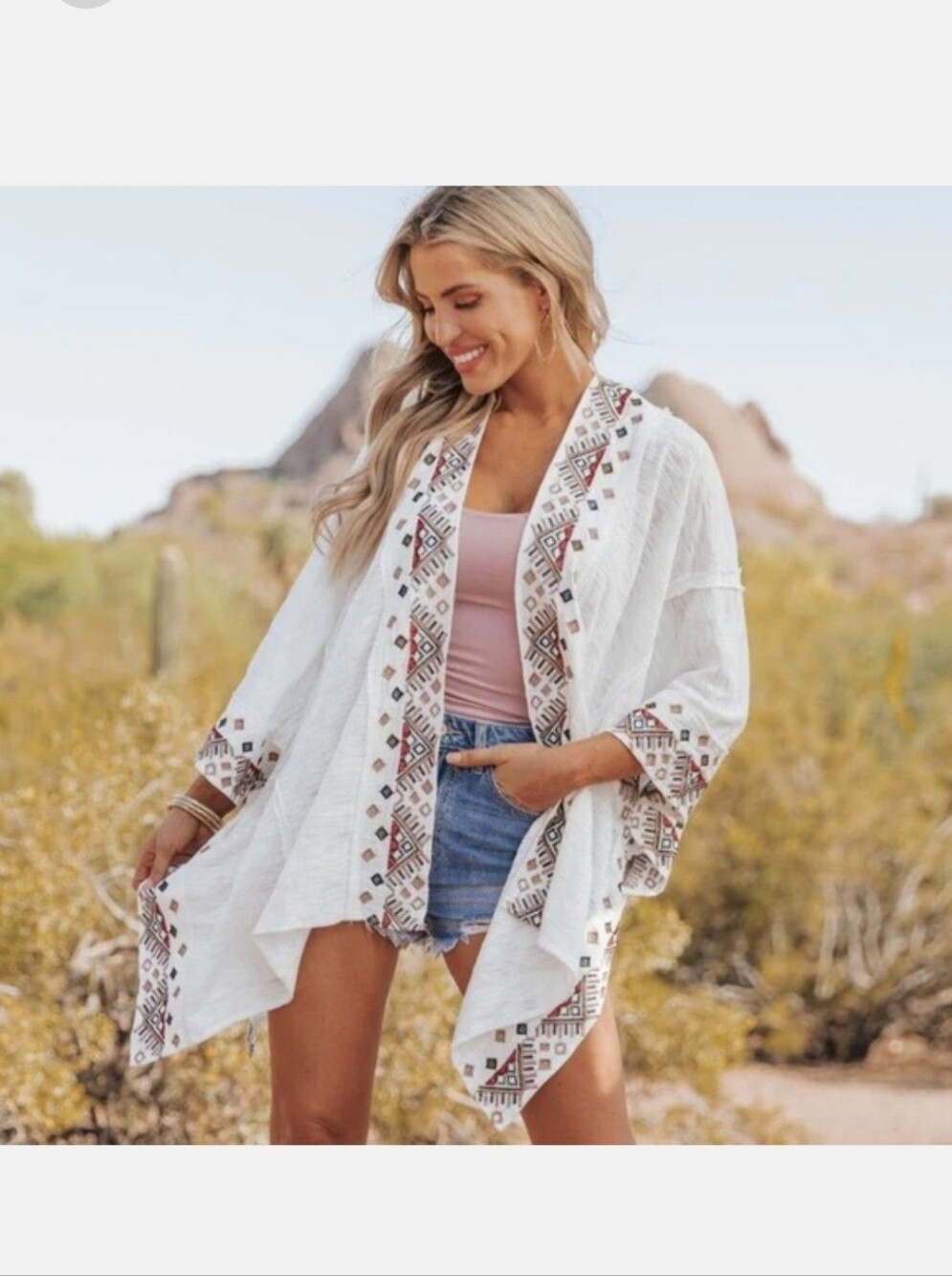POL Boho Embroidered Open-Front Kimono - White with Geometric Trim